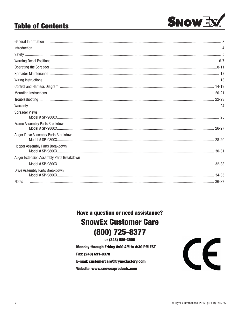 SnowEx SP-9800X User Manual | Page 2 / 40