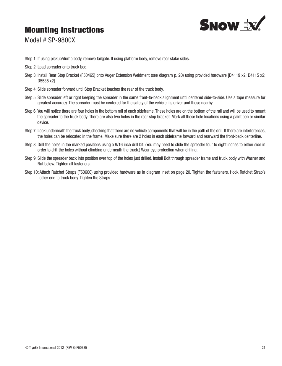 Mounting instructions, Model # sp-9800x | SnowEx SP-9800X User Manual | Page 21 / 40