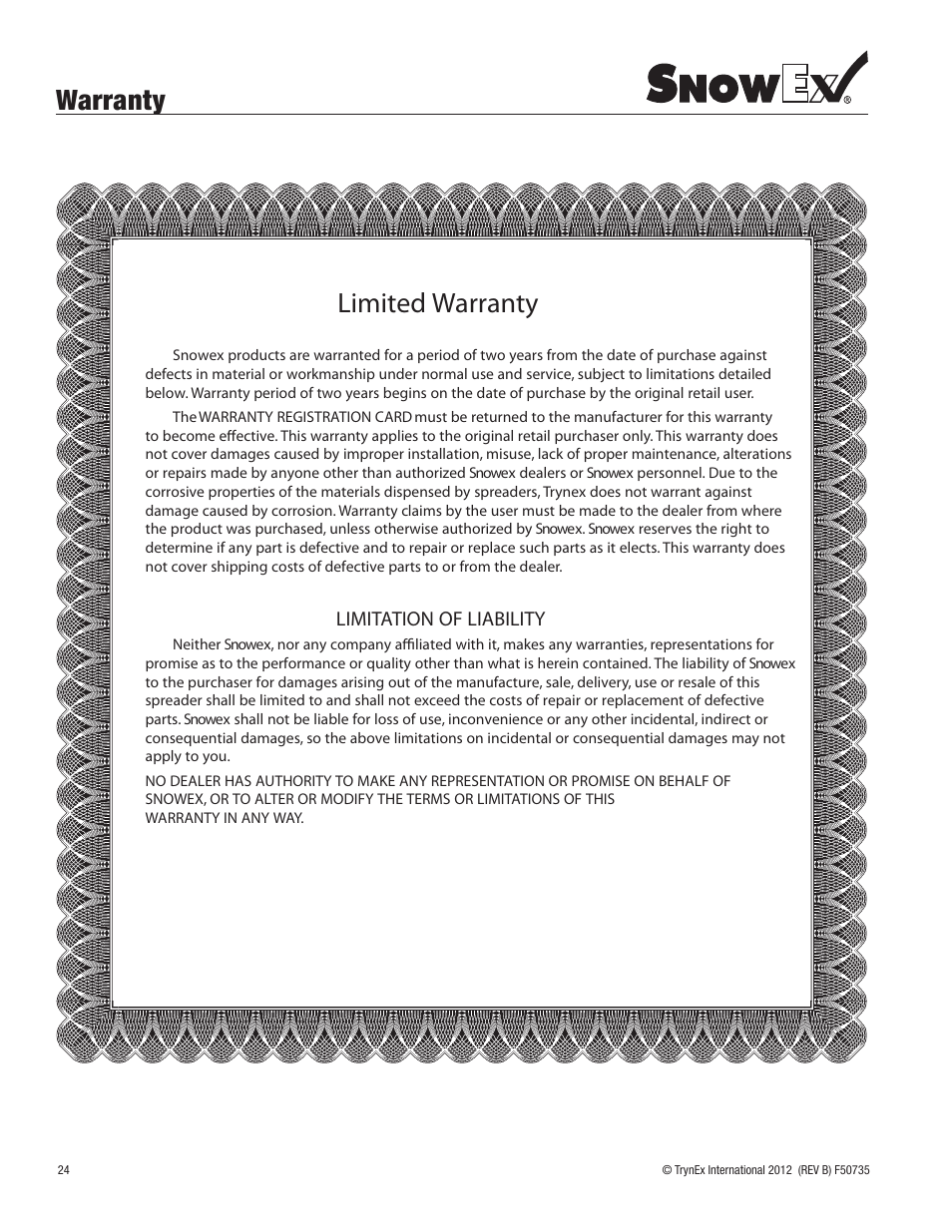 Warranty, Warranty limited warranty, Limitation of liability | SnowEx SP-9800X User Manual | Page 24 / 40