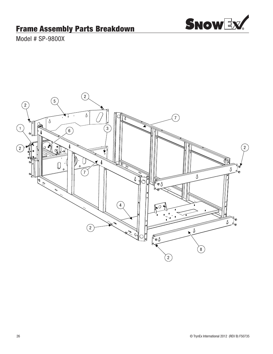 Frame assembly parts breakdown, Model # sp-9800x | SnowEx SP-9800X User Manual | Page 26 / 40