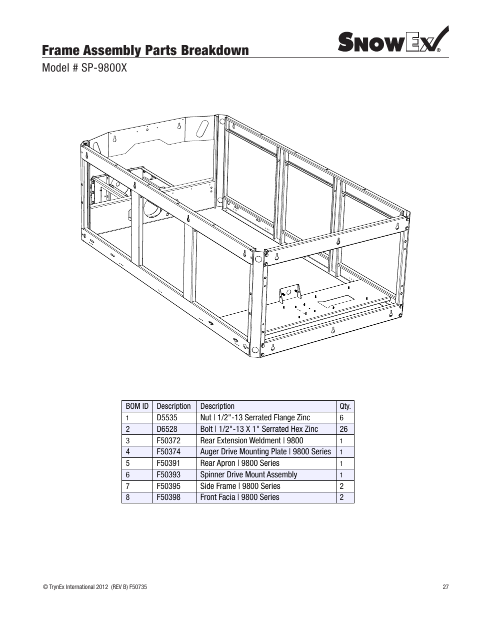 Frame assembly parts breakdown, Model # sp-9800x | SnowEx SP-9800X User Manual | Page 27 / 40