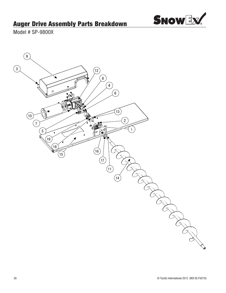 Auger drive assembly parts breakdown, Model # sp-9800x | SnowEx SP-9800X User Manual | Page 28 / 40