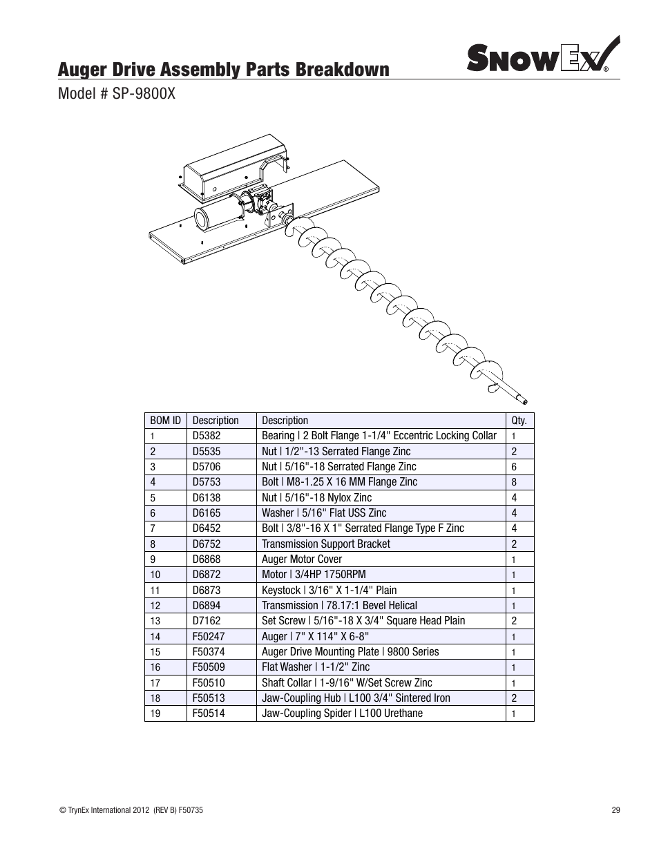 Auger drive assembly parts breakdown, Model # sp-9800x | SnowEx SP-9800X User Manual | Page 29 / 40