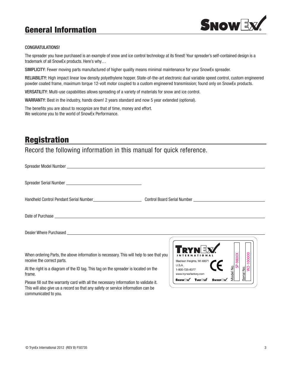General information, Registration | SnowEx SP-9800X User Manual | Page 3 / 40