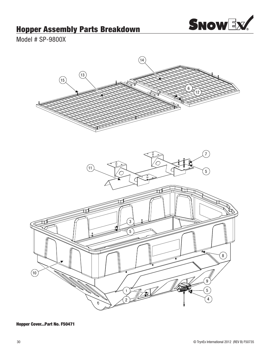 Hopper assembly parts breakdown, Model # sp-9800x | SnowEx SP-9800X User Manual | Page 30 / 40