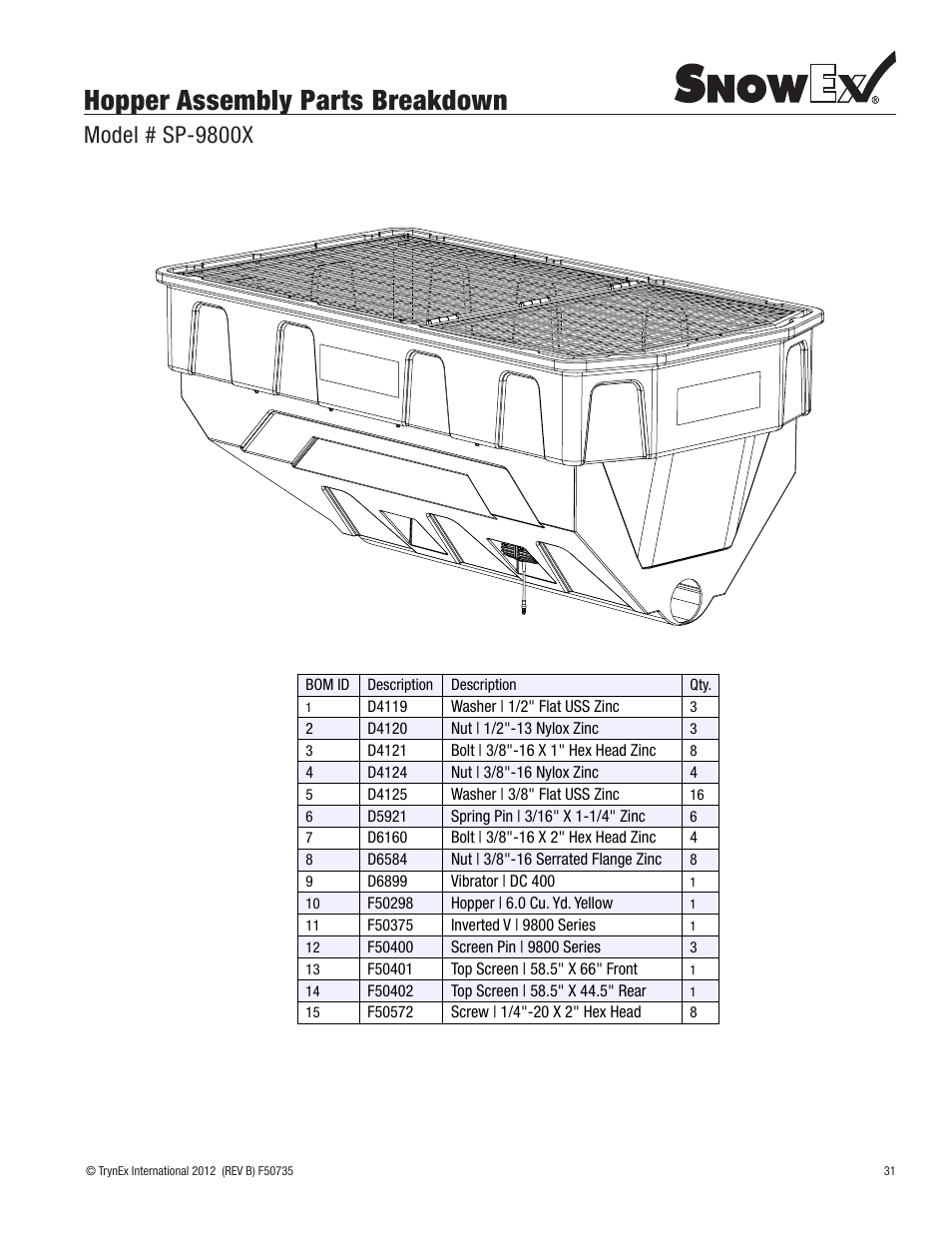 Hopper assembly parts breakdown, Model # sp-9800x | SnowEx SP-9800X User Manual | Page 31 / 40