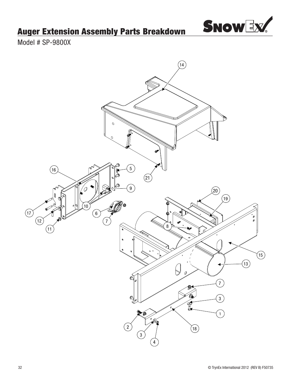 Auger extension assembly parts breakdown, Model # sp-9800x | SnowEx SP-9800X User Manual | Page 32 / 40