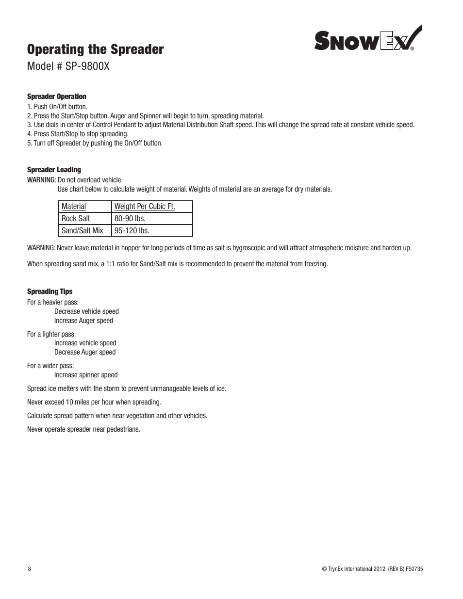 Operating the spreader, Model # sp-9800x | SnowEx SP-9800X User Manual | Page 8 / 40