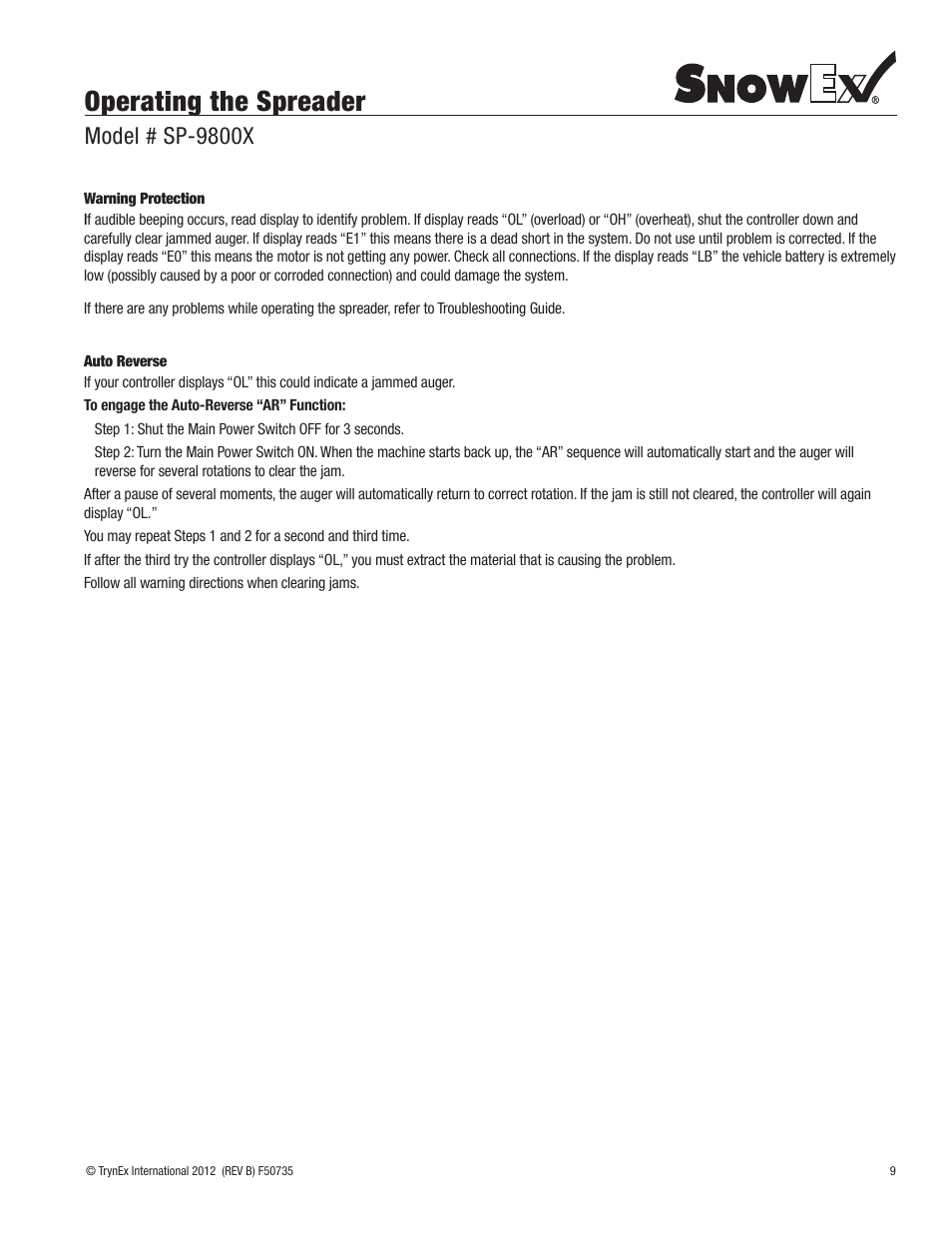 Operating the spreader, Model # sp-9800x | SnowEx SP-9800X User Manual | Page 9 / 40