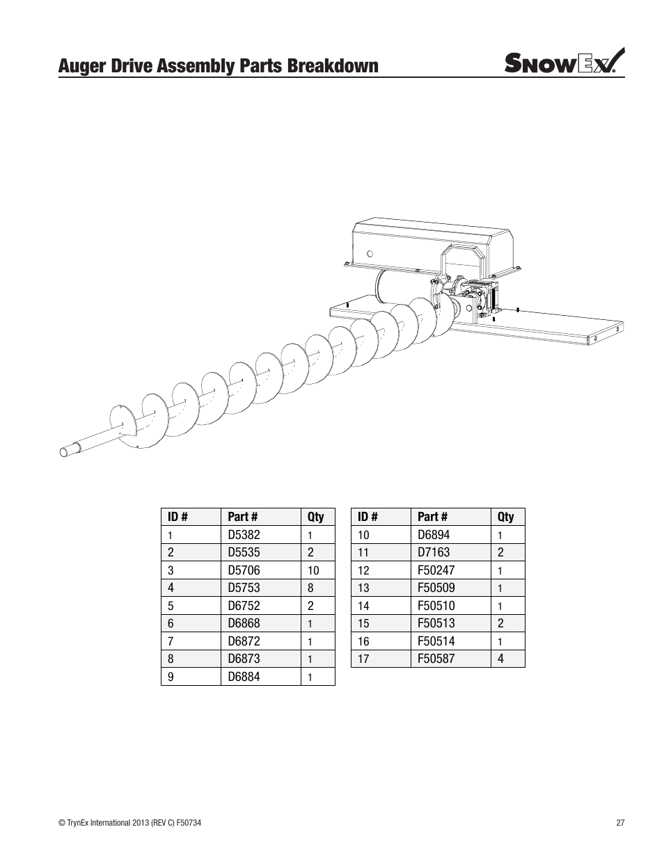 Auger drive assembly parts breakdown | SnowEx SP-9500X User Manual | Page 27 / 40