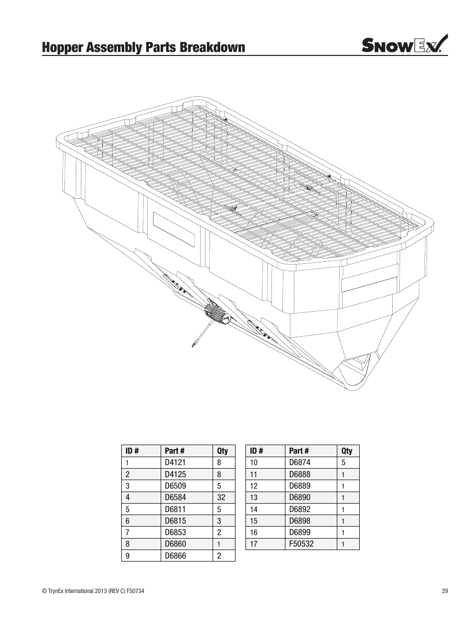 Hopper assembly parts breakdown | SnowEx SP-9500X User Manual | Page 29 / 40