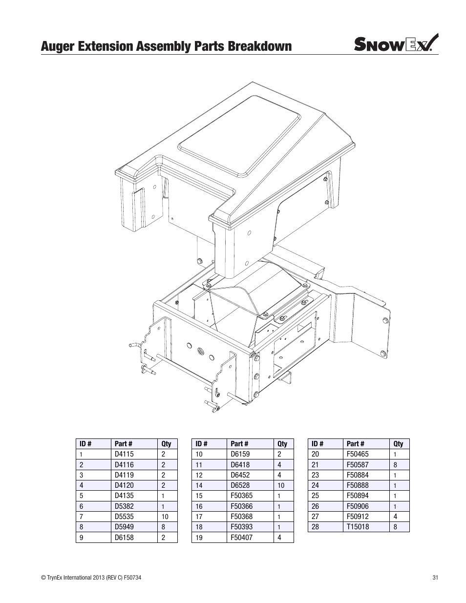 Auger extension assembly parts breakdown | SnowEx SP-9500X User Manual | Page 31 / 40