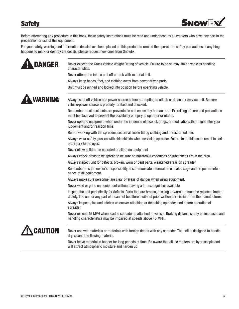 Safety | SnowEx SP-9500X User Manual | Page 5 / 40