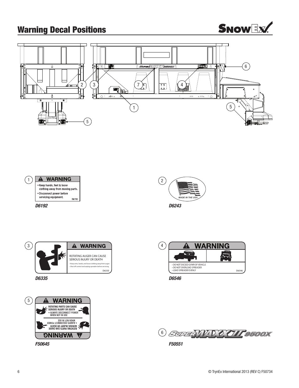 Warning decal positions, D6243, D6335 | D6546 | SnowEx SP-9500X User Manual | Page 6 / 40