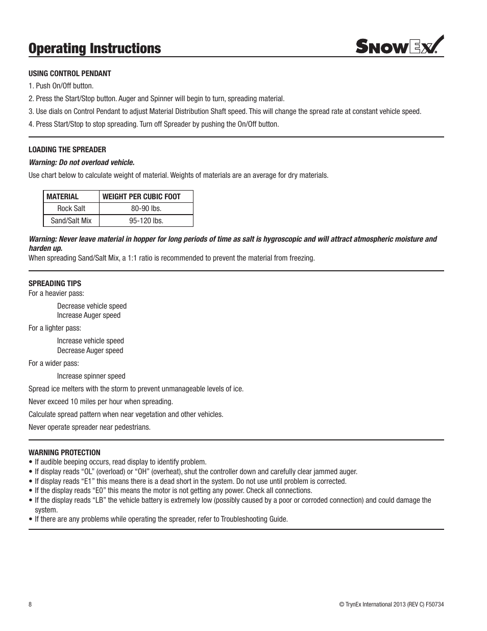 Operating instructions | SnowEx SP-9500X User Manual | Page 8 / 40
