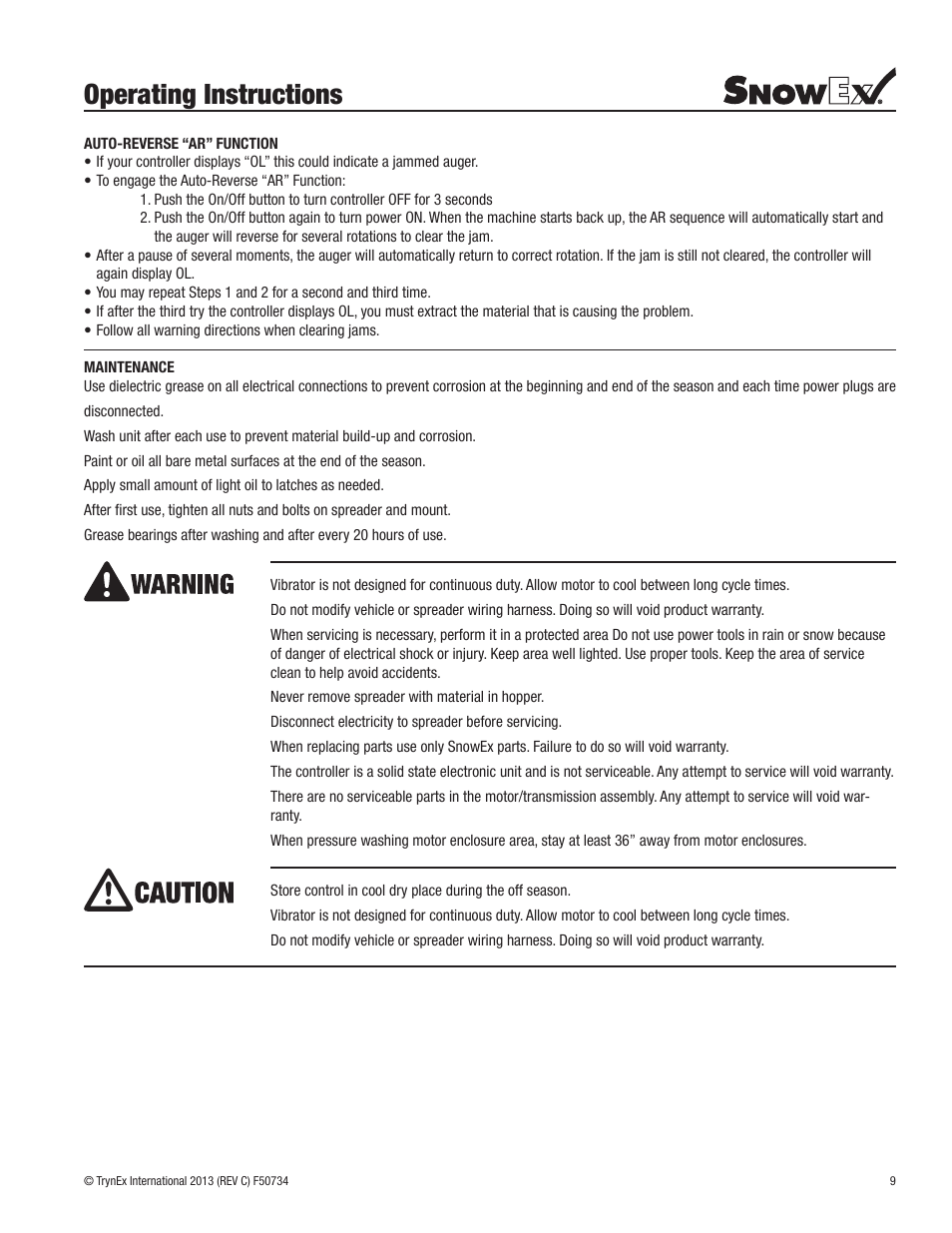 Operating instructions | SnowEx SP-9500X User Manual | Page 9 / 40