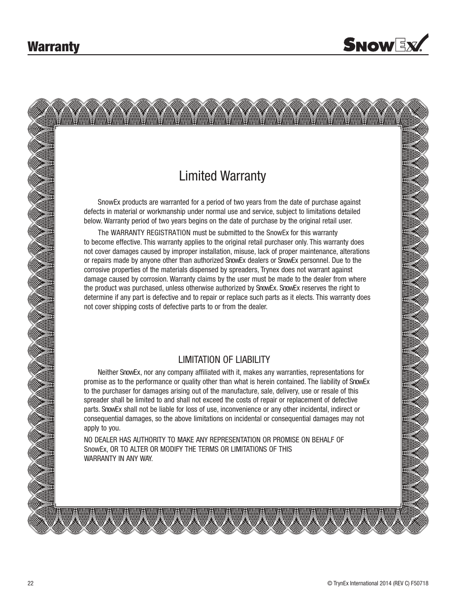 Warranty limited warranty | SnowEx SP-9300X User Manual | Page 22 / 40