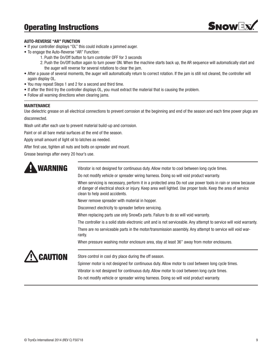 Operating instructions | SnowEx SP-9300X User Manual | Page 9 / 40