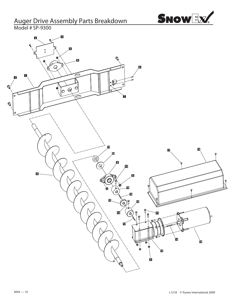 Auger drive assembly parts breakdown | SnowEx SP-9300 User Manual | Page 10 / 40