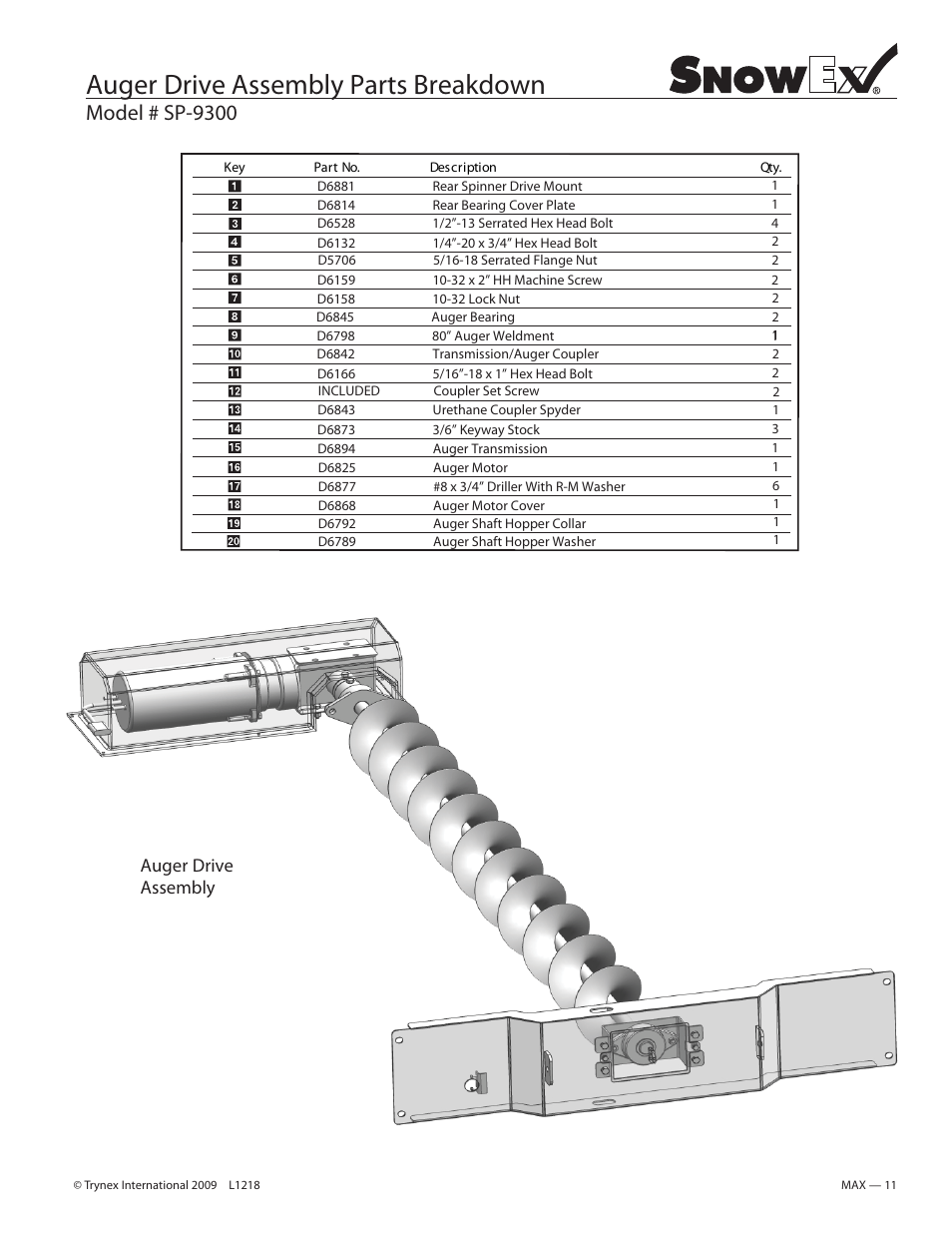 Auger drive assembly parts breakdown, Model # sp-9300, Auger drive assembly | SnowEx SP-9300 User Manual | Page 11 / 40