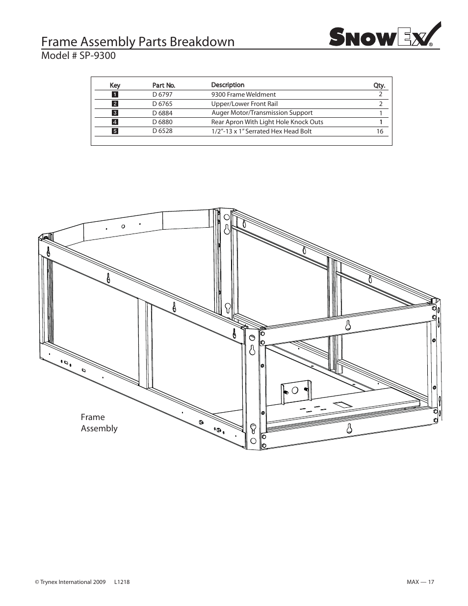 Frame assembly parts breakdown, Model # sp-9300 | SnowEx SP-9300 User Manual | Page 17 / 40