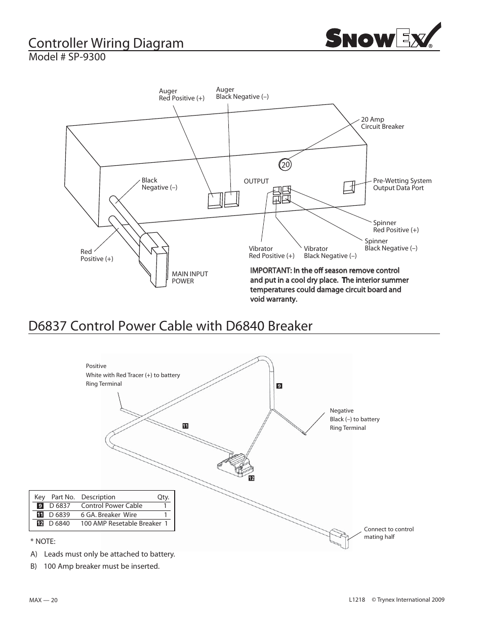 Controller wiring diagram, Model # sp-9300 | SnowEx SP-9300 User Manual | Page 20 / 40
