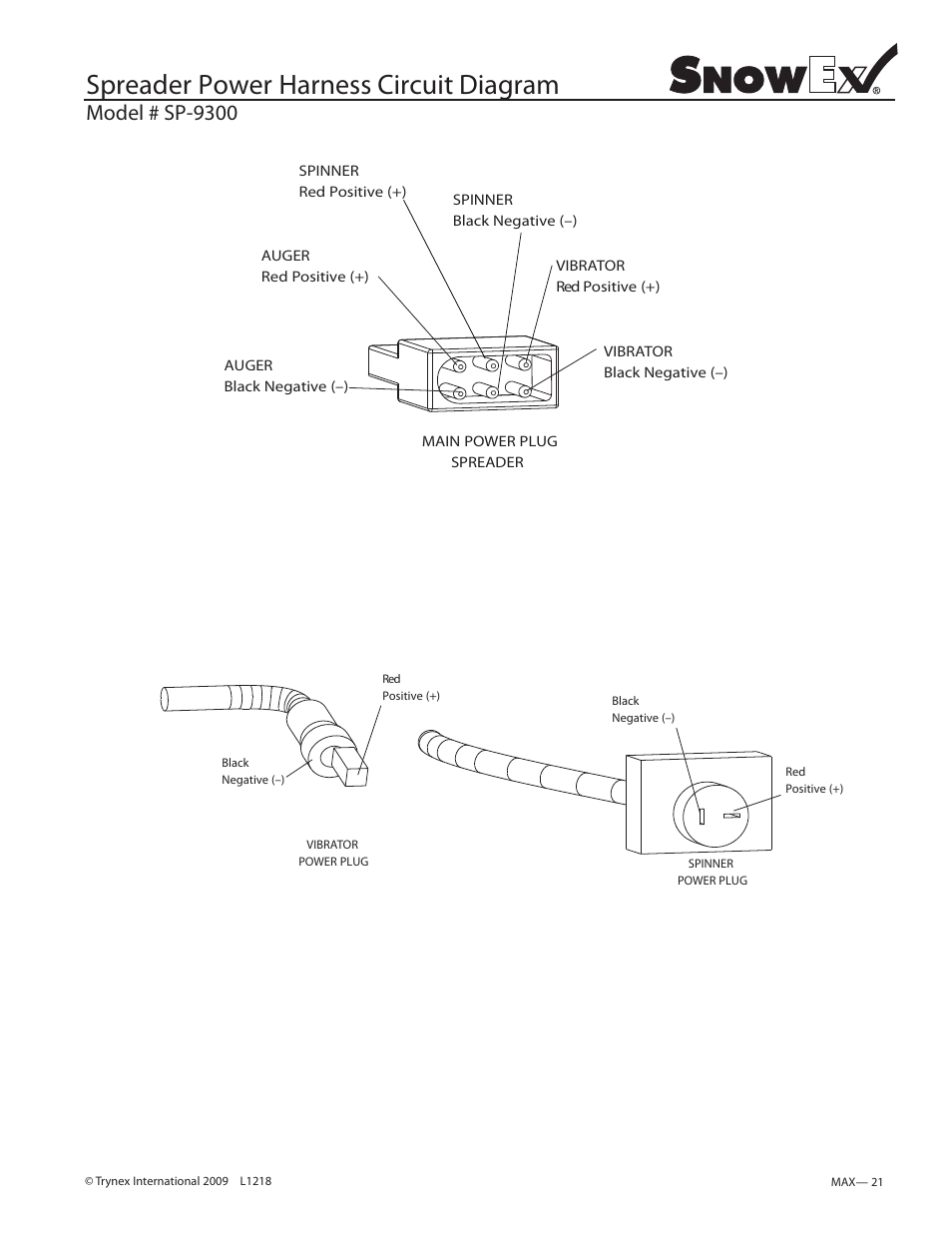 Spreader power harness circuit diagram, Model # sp-9300 | SnowEx SP-9300 User Manual | Page 21 / 40