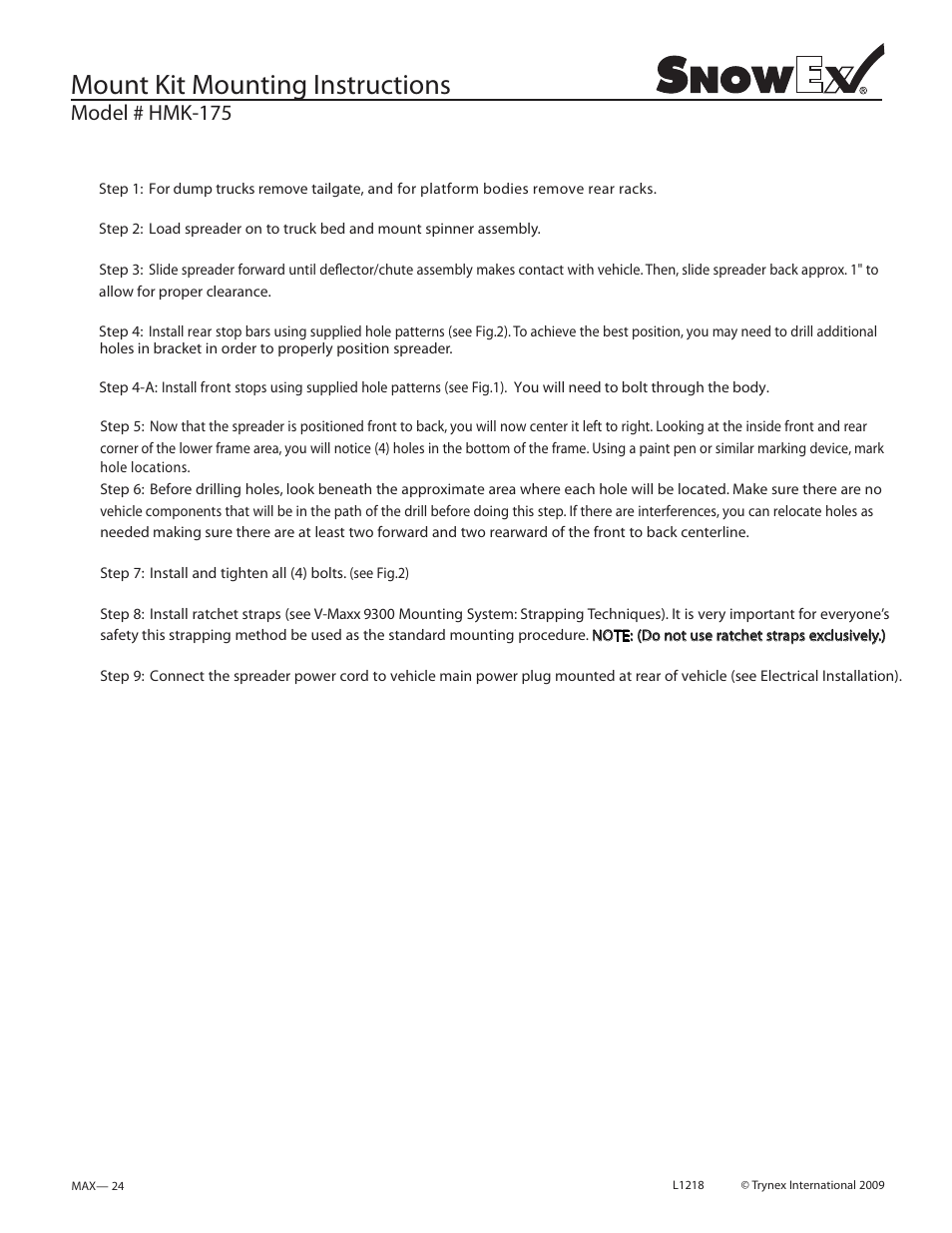 Mount kit mounting instructions, Model # hmk-175 | SnowEx SP-9300 User Manual | Page 24 / 40