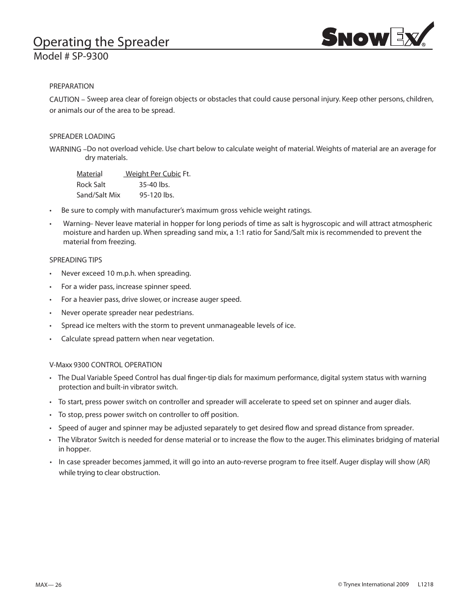 Operating the spreader, Model # sp-9300 | SnowEx SP-9300 User Manual | Page 26 / 40