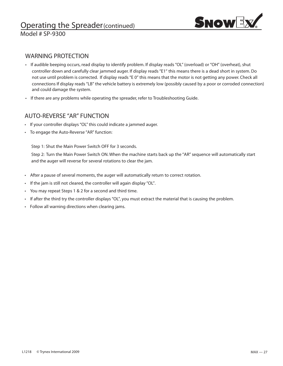 Operating the spreader, Model # sp-9300, Continued) | Warning protection, Auto-reverse “ar” function | SnowEx SP-9300 User Manual | Page 27 / 40
