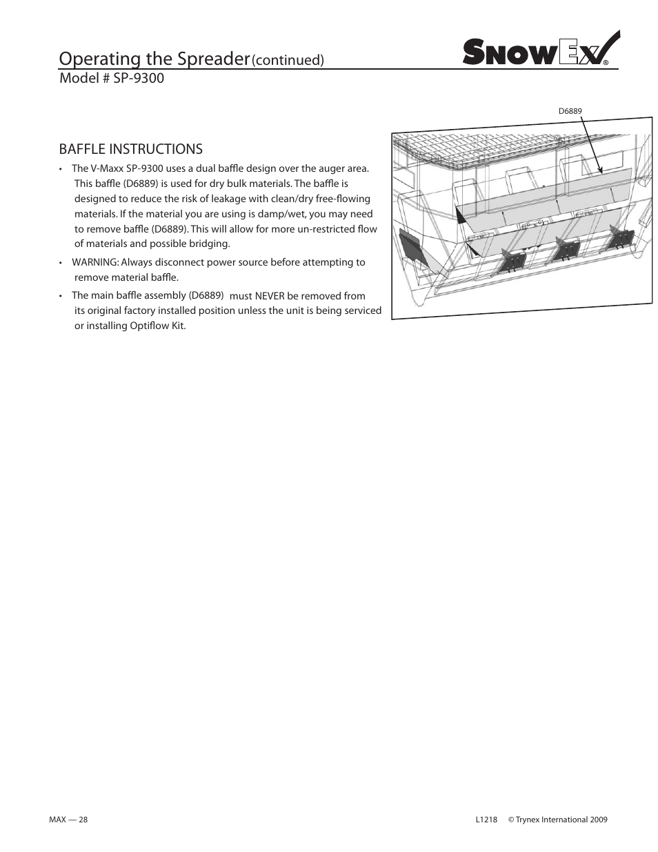 Operating the spreader, Continued), Baffle instructions | Model # sp-9300 | SnowEx SP-9300 User Manual | Page 28 / 40