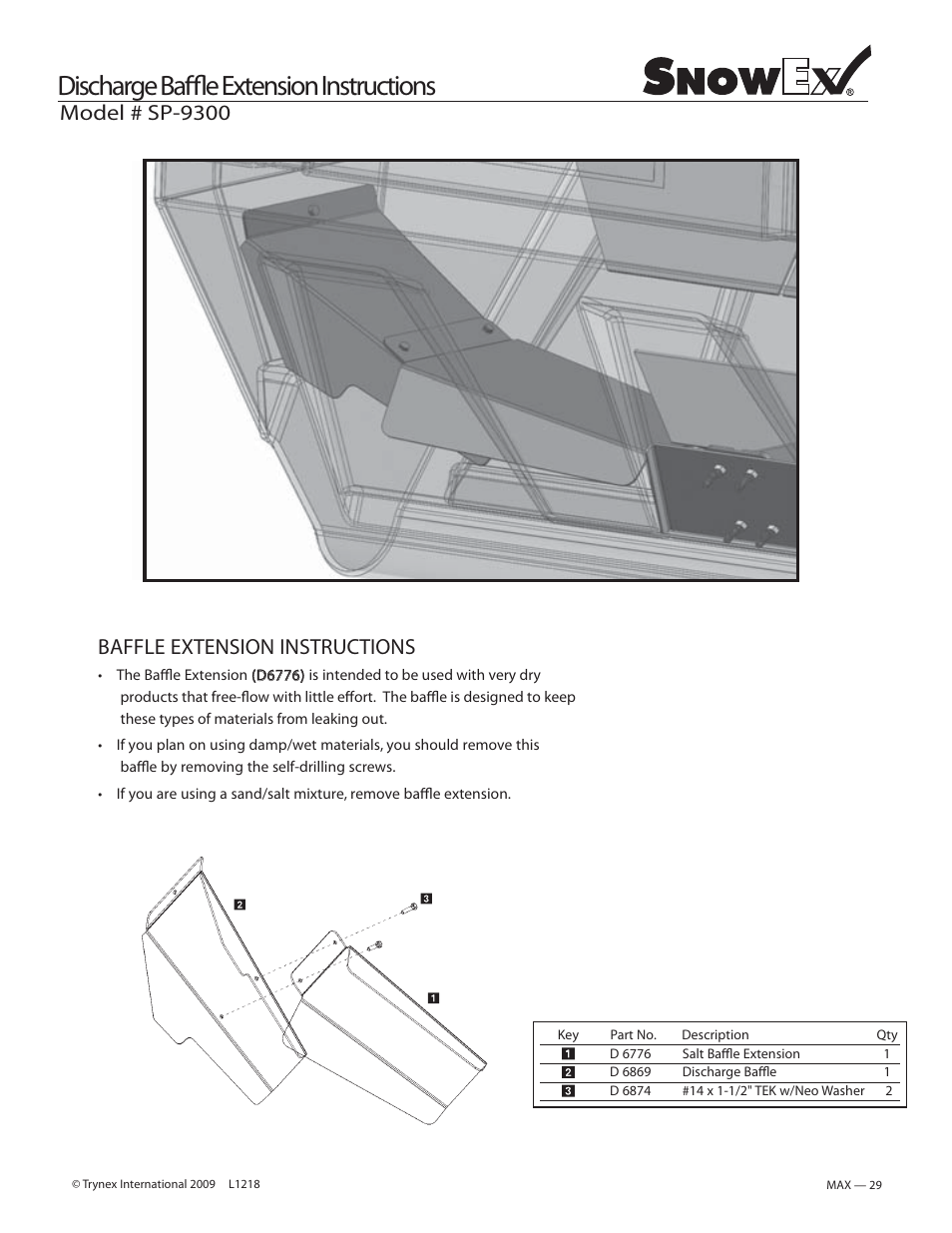 Discharge baffle extension instructions, Baffle extension instructions, Model # sp-9300 | SnowEx SP-9300 User Manual | Page 29 / 40