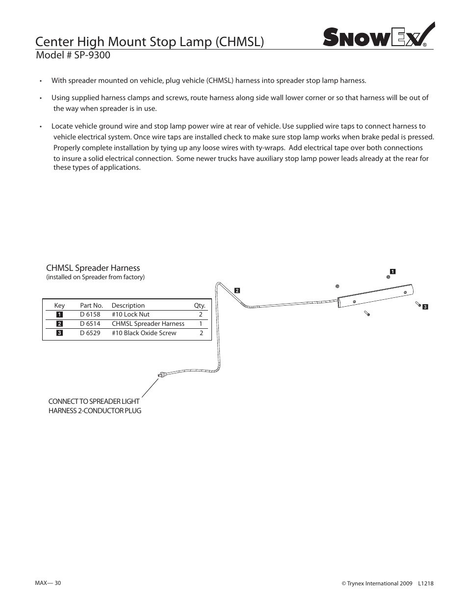 Center high mount stop lamp (chmsl), Model # sp-9300 | SnowEx SP-9300 User Manual | Page 30 / 40