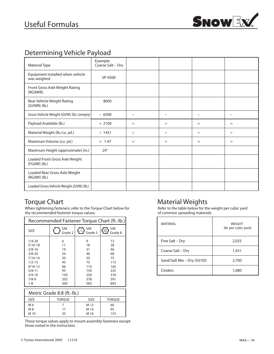 Useful formulas, Determining vehicle payload torque chart, Material weights | SnowEx SP-9300 User Manual | Page 35 / 40