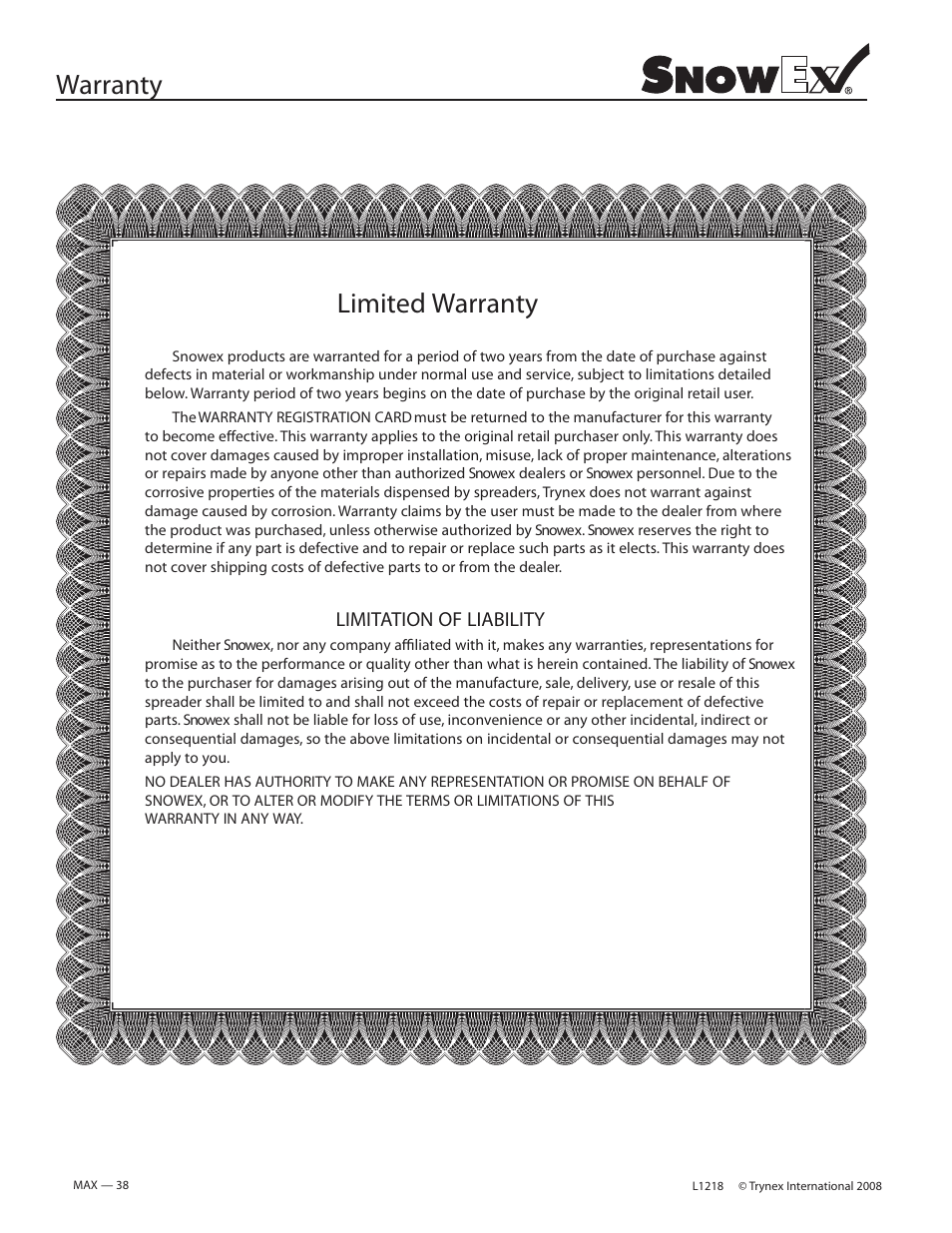 Warranty limited warranty | SnowEx SP-9300 User Manual | Page 38 / 40