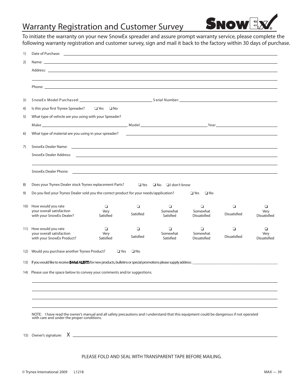 Warranty registration and customer survey | SnowEx SP-9300 User Manual | Page 39 / 40