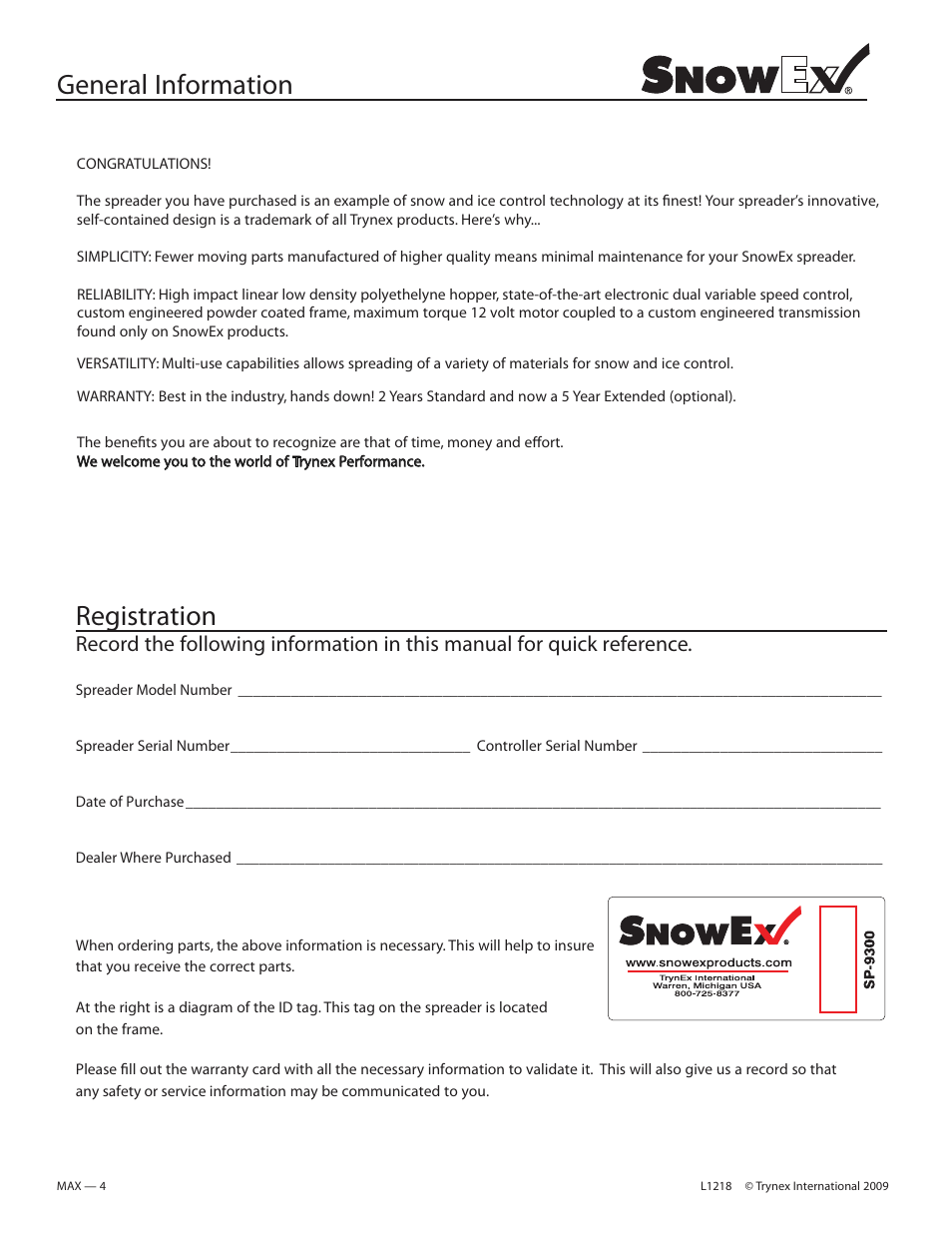 General information, Registration | SnowEx SP-9300 User Manual | Page 4 / 40