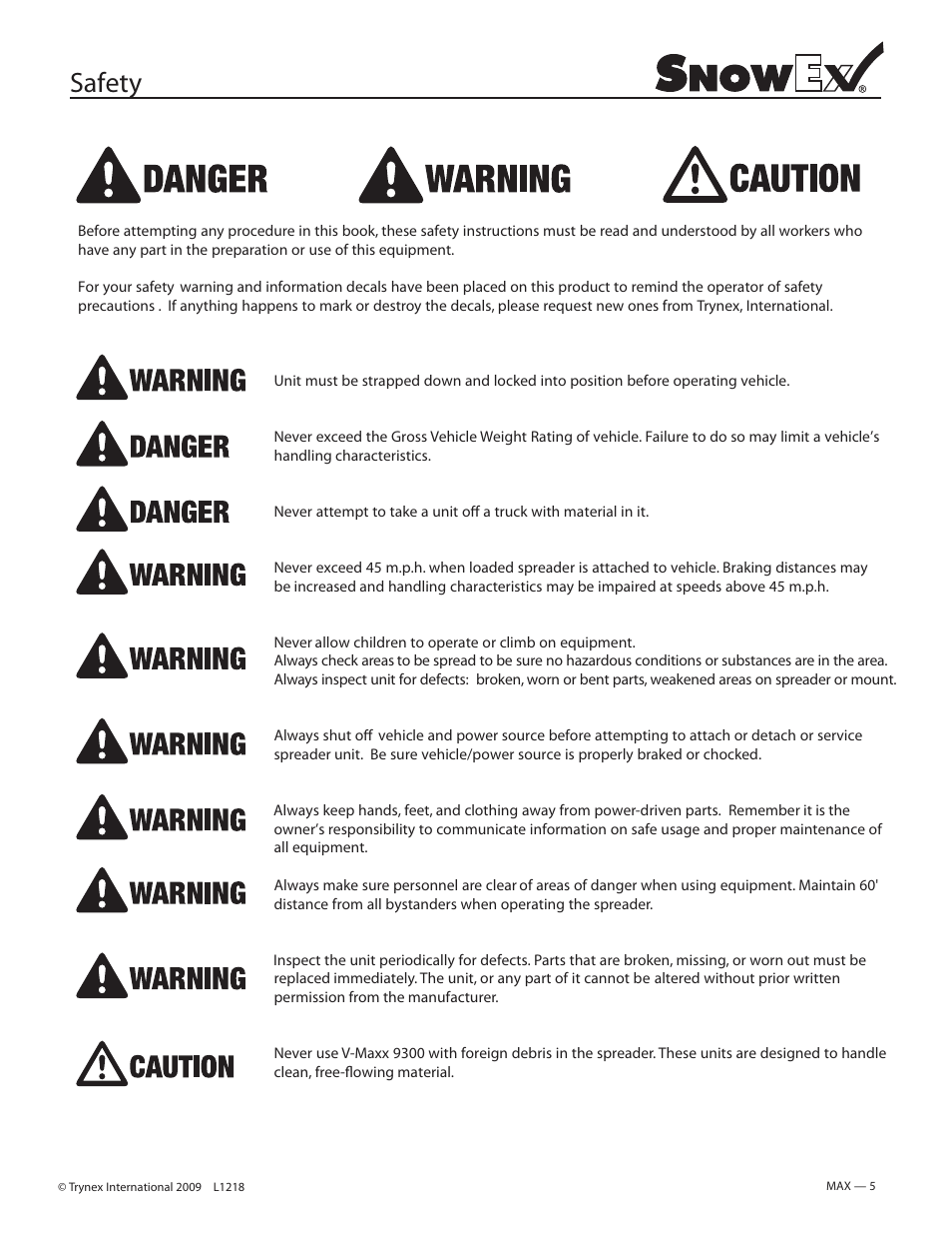 Safety | SnowEx SP-9300 User Manual | Page 5 / 40