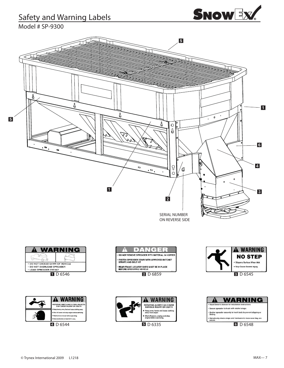 Safety and warning labels, Model # sp-9300 | SnowEx SP-9300 User Manual | Page 7 / 40