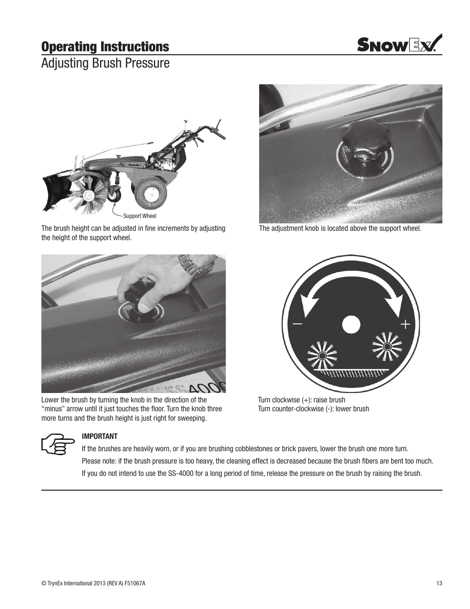 Operating instructions adjusting brush pressure | SnowEx SS-4000 User Manual | Page 13 / 24