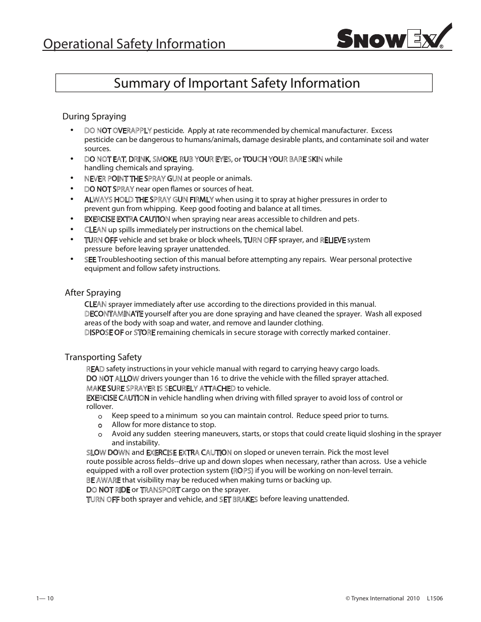 Operational safety information, Summary of important safety information | SnowEx VSS-3000 User Manual | Page 10 / 48