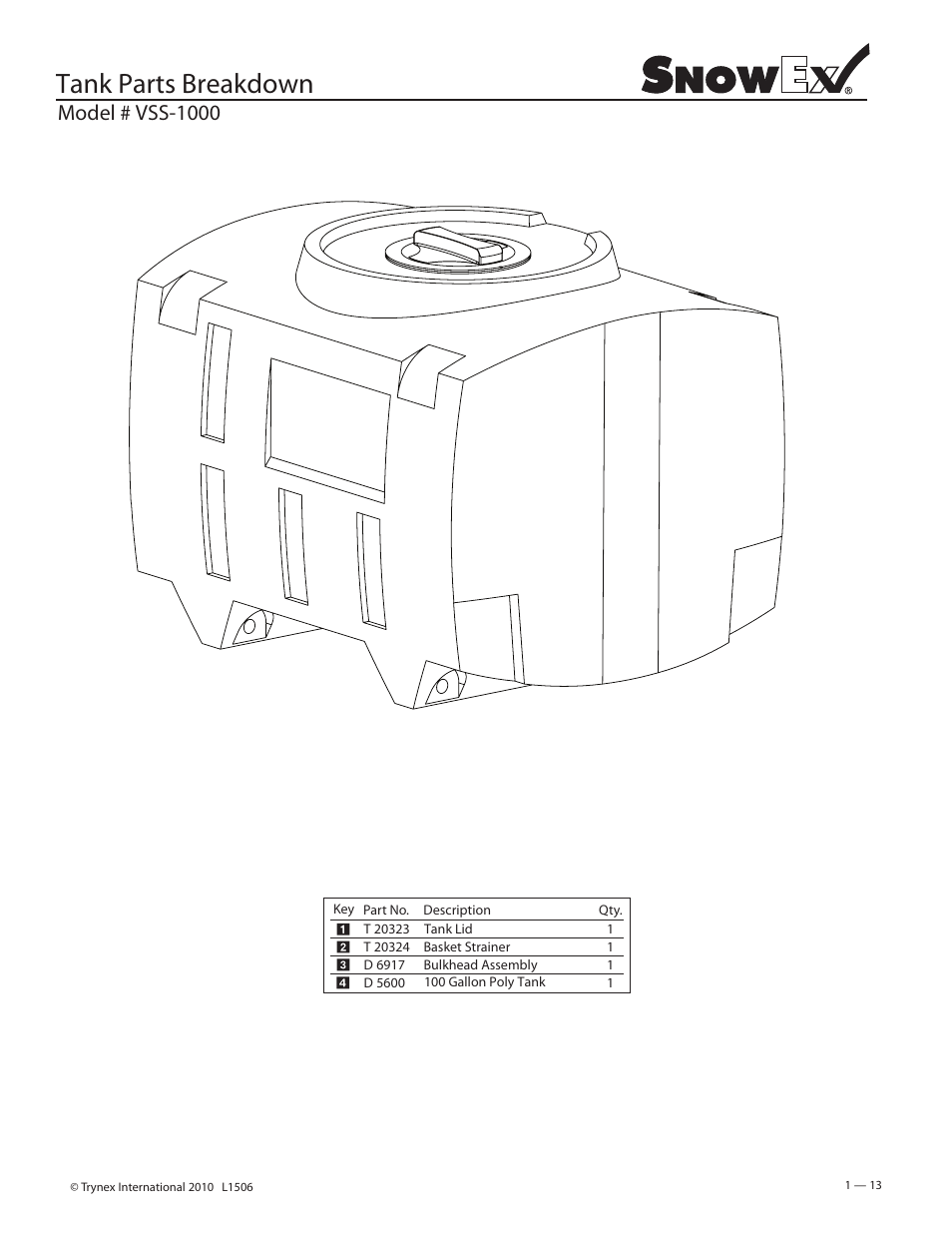 Tank parts breakdown, Model # vss-1000 | SnowEx VSS-3000 User Manual | Page 13 / 48