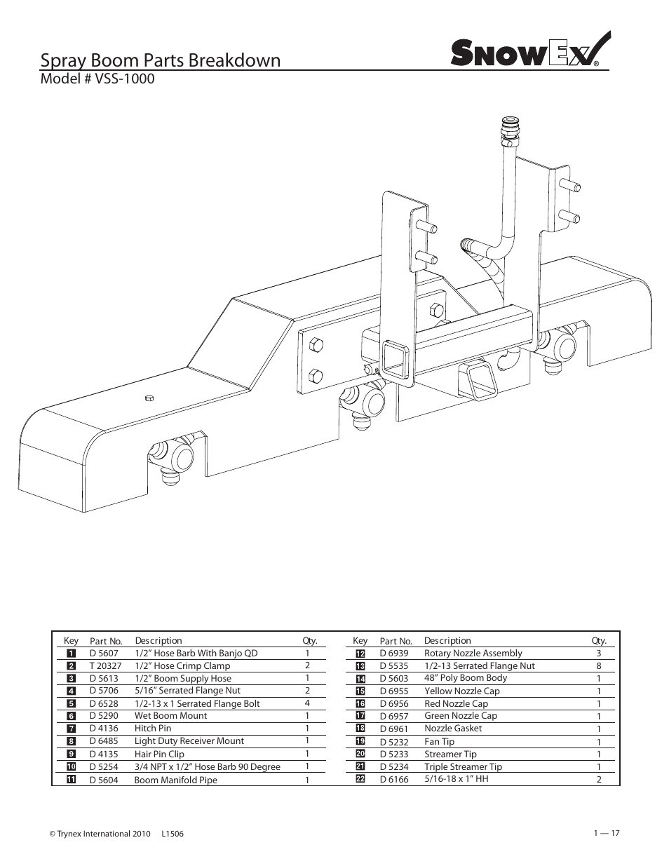 Spray boom parts breakdown, Model # vss-1000 | SnowEx VSS-3000 User Manual | Page 17 / 48