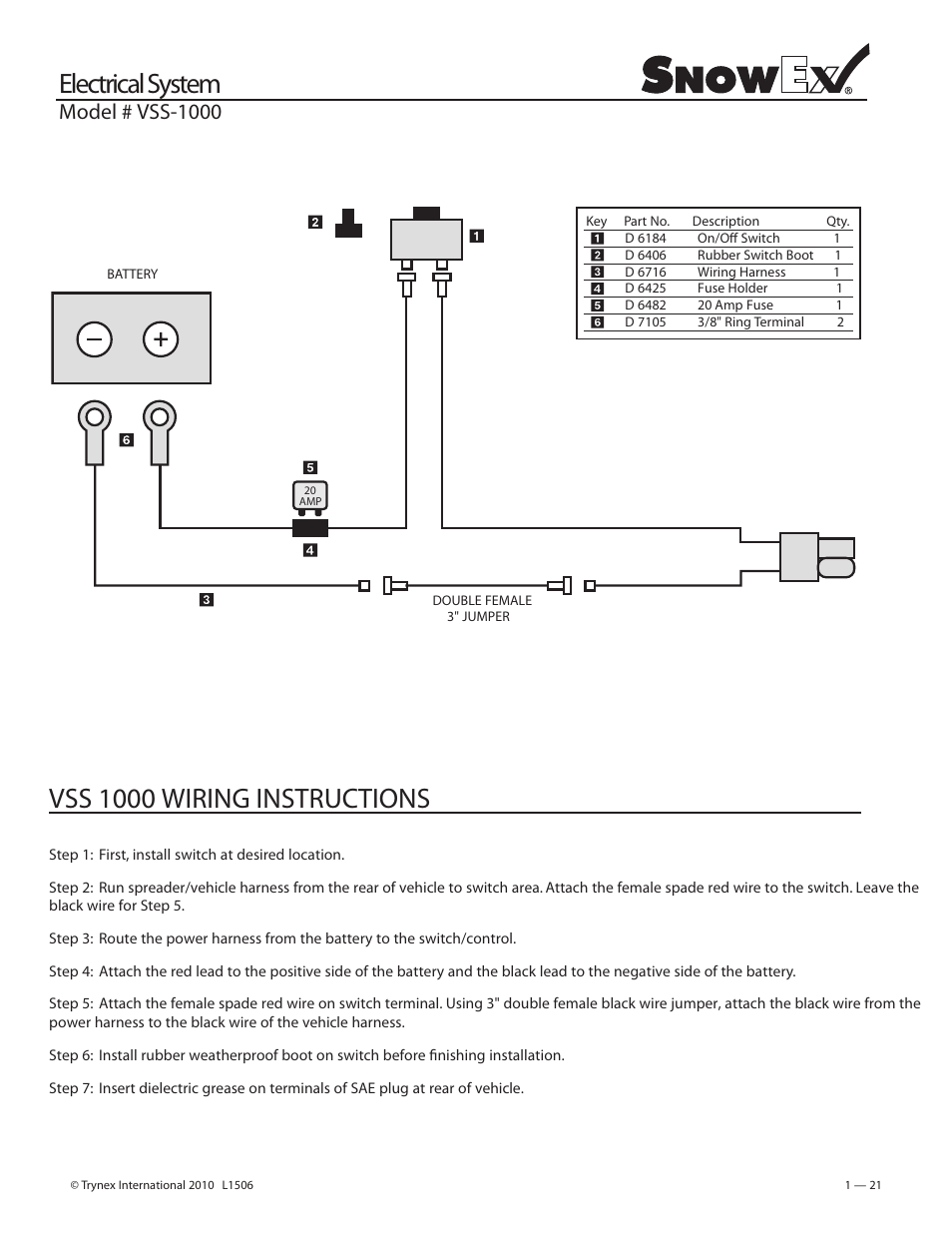 Electrical system vss 1000 wiring instructions, Model # vss-1000 | SnowEx VSS-3000 User Manual | Page 21 / 48