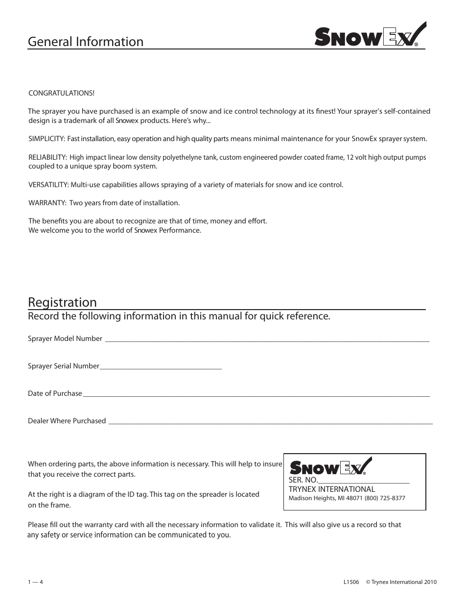 General information, Registration | SnowEx VSS-3000 User Manual | Page 4 / 48