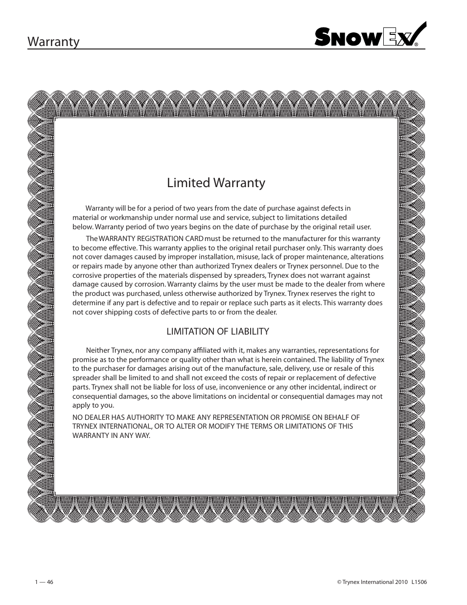 Warranty limited warranty, Limitation of liability | SnowEx VSS-3000 User Manual | Page 46 / 48