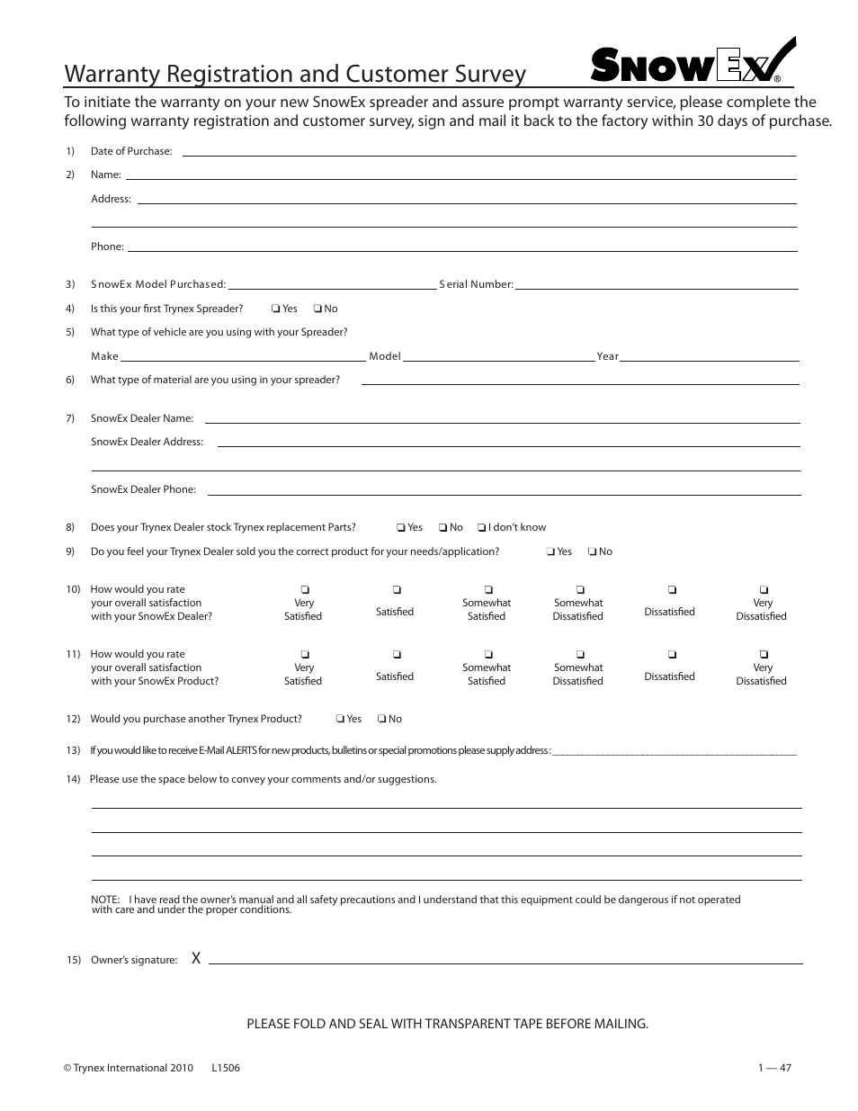 Warranty registration and customer survey | SnowEx VSS-3000 User Manual | Page 47 / 48