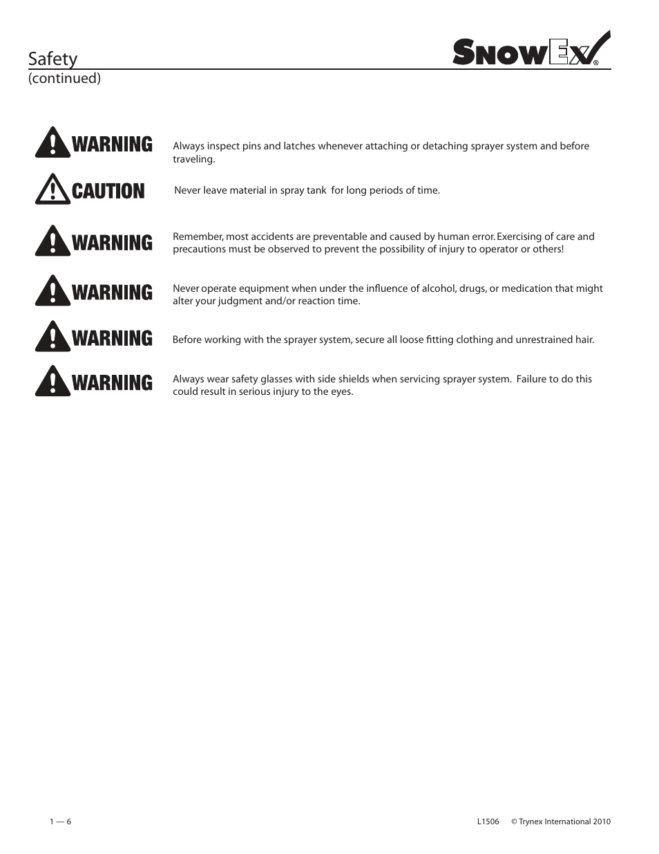 Safety, Continued) | SnowEx VSS-3000 User Manual | Page 6 / 48