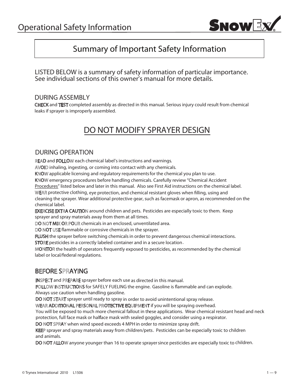 Do not modify sprayer design, During operation, B or s ay ng | SnowEx VSS-3000 User Manual | Page 9 / 48