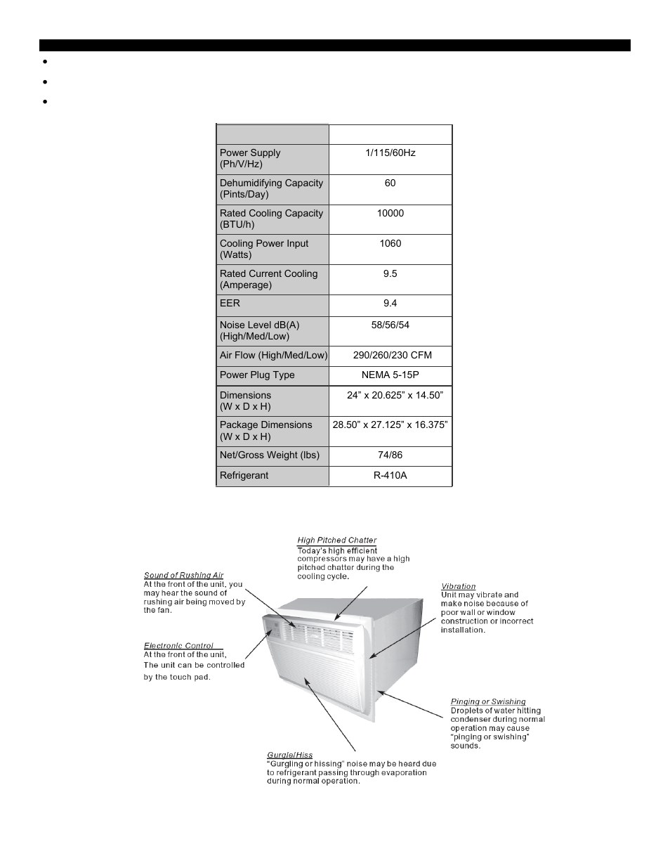 Specifications, Normal operating sounds | SoleusAir SG-TTW-10ESE User Manual | Page 5 / 15